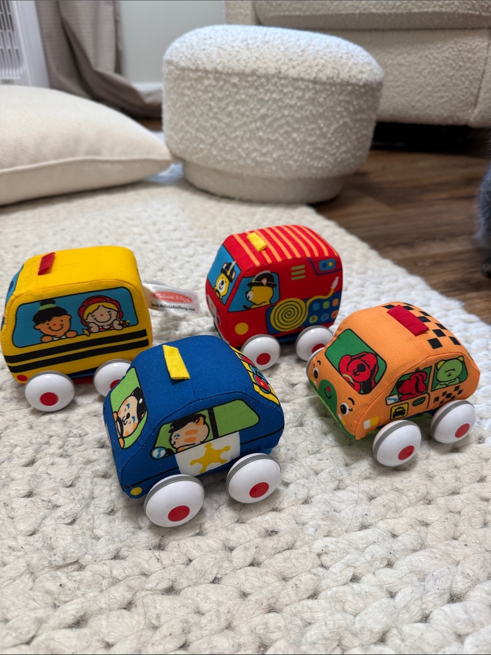 Melissa & Doug Soft Pull-Along Toy Cars - Yellow, Blue, Red, Orange